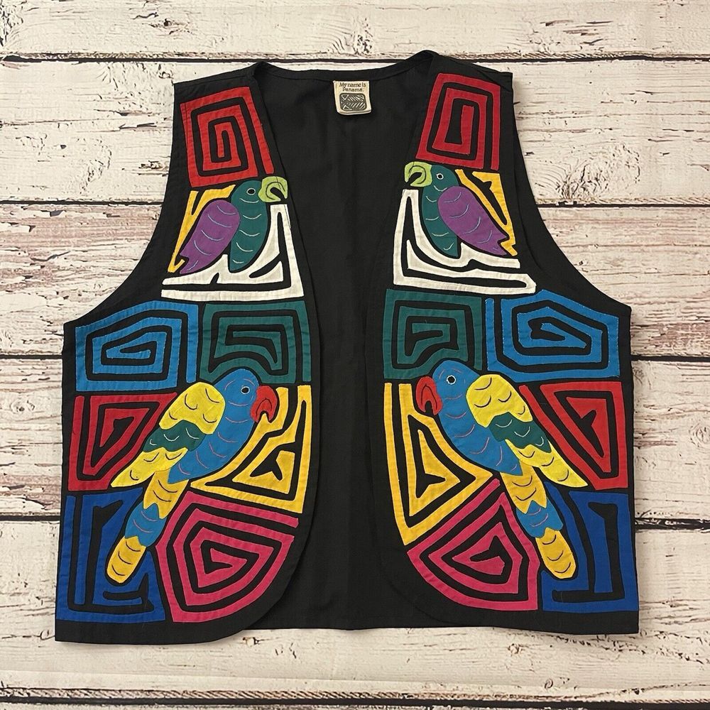 Vintage My Name Is Panama‎ Mola Hand Made Vest Womens Size Medium Birds Artsy